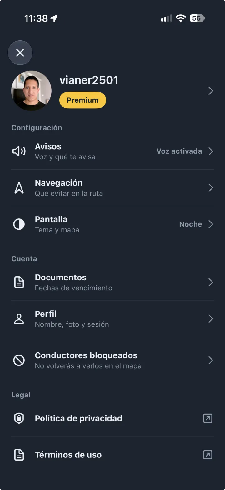Pantalla de perfil y ajustes de Viana: avisos, navegación, pantalla, documentos y cuenta