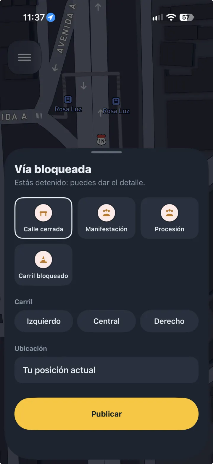 Pantalla de detalle de un reporte detenido en Viana: tipo, carril y ubicación